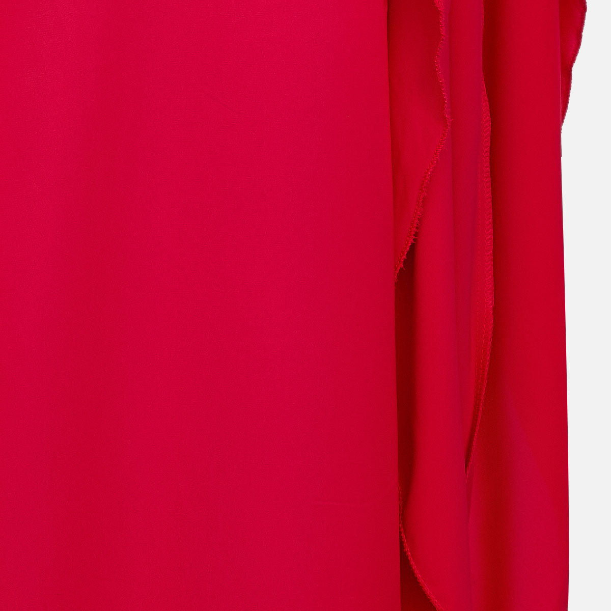 Red maxi gown side drape with vertical seam and slit opening