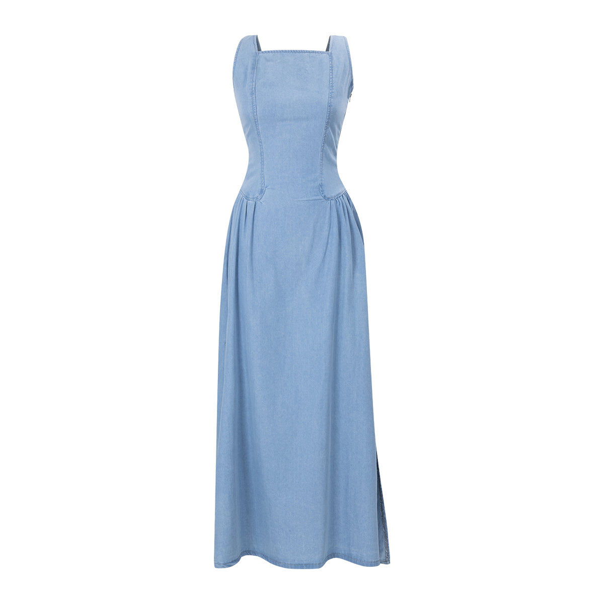 Light blue denim maxi dress with square neckline and fitted bodice, buttoned back detail