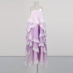 Pale purple tiered lace maxi slip dress on mannequin with layered ruffles