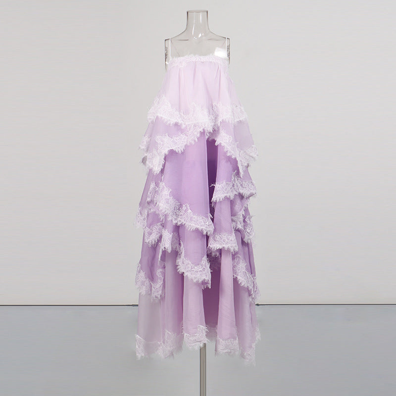 Pale purple tiered lace maxi slip dress on mannequin with layered ruffles