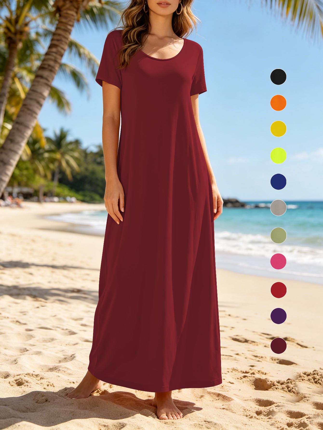 Wine red V-neck short-sleeve maxi dress, loose fit with pockets, solid color
