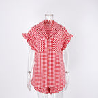 Red gingham ruffle-sleeve shirt and high-waisted shorts set, front view