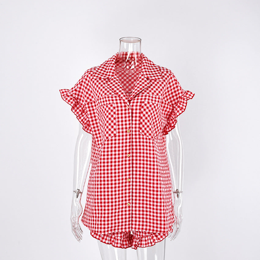 Red gingham ruffle-sleeve shirt and high-waisted shorts set, front view