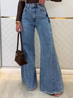Light blue high-waist flared jeans with front patch pockets and wide flared legs