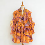 Orange ruffle mini dress with V-neck and tie waist, tiered ruffle sleeves.