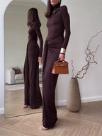 Brown slim long-sleeve maxi dress with side slit and ruched waist