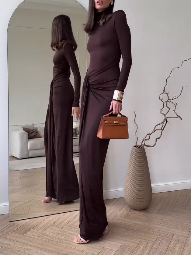 Brown slim long-sleeve maxi dress with side slit and ruched waist