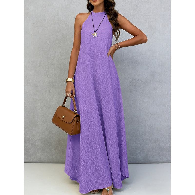 Purple sleeveless maxi dress with flowing A-line skirt and round neckline