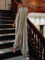Champagne metallic strapless tube maxi dress with sweetheart neckline and pleated fabric