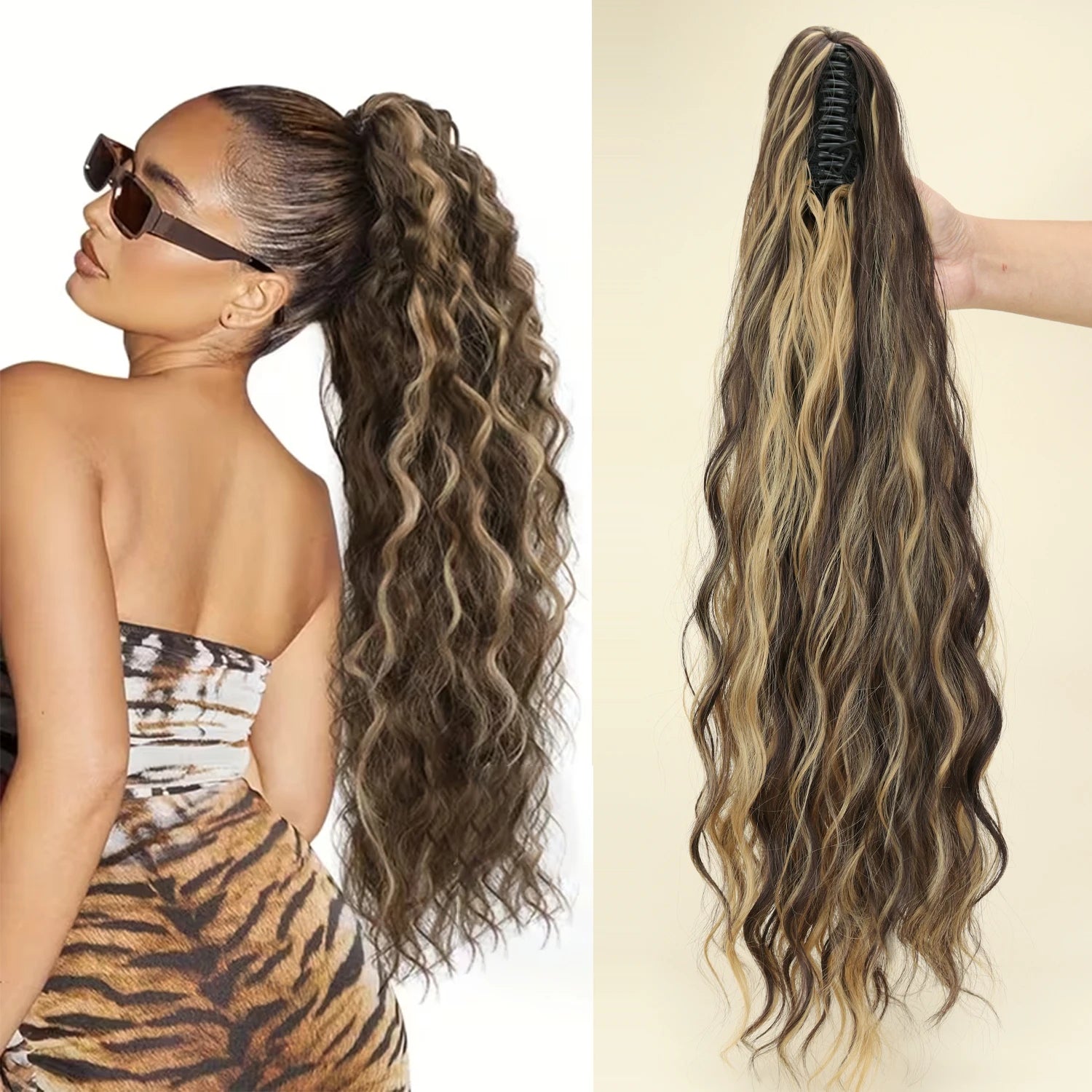 Long honey-blonde synthetic wavy ponytail extension with comb clip base, blended waves