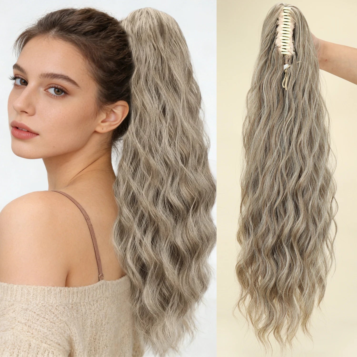 Long ash blonde synthetic wavy ponytail extension with comb clip base, side and back