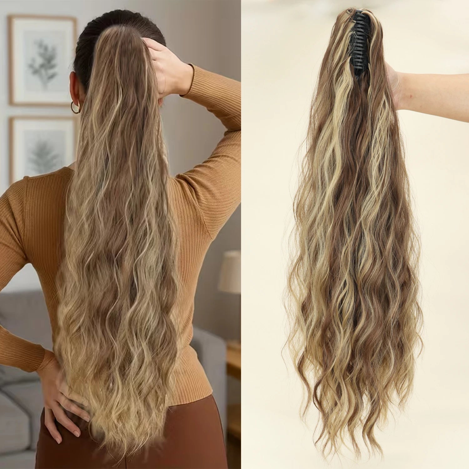 Water-wave ponytail hair extension with blonde claw clip and long wavy strands