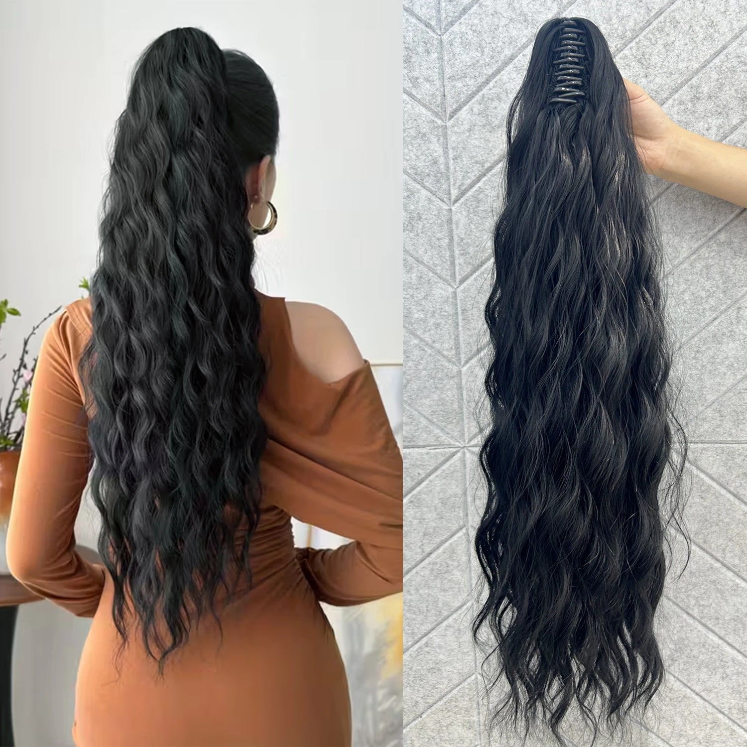 Water-wave ponytail hair extension with dark claw clip and long wavy strands