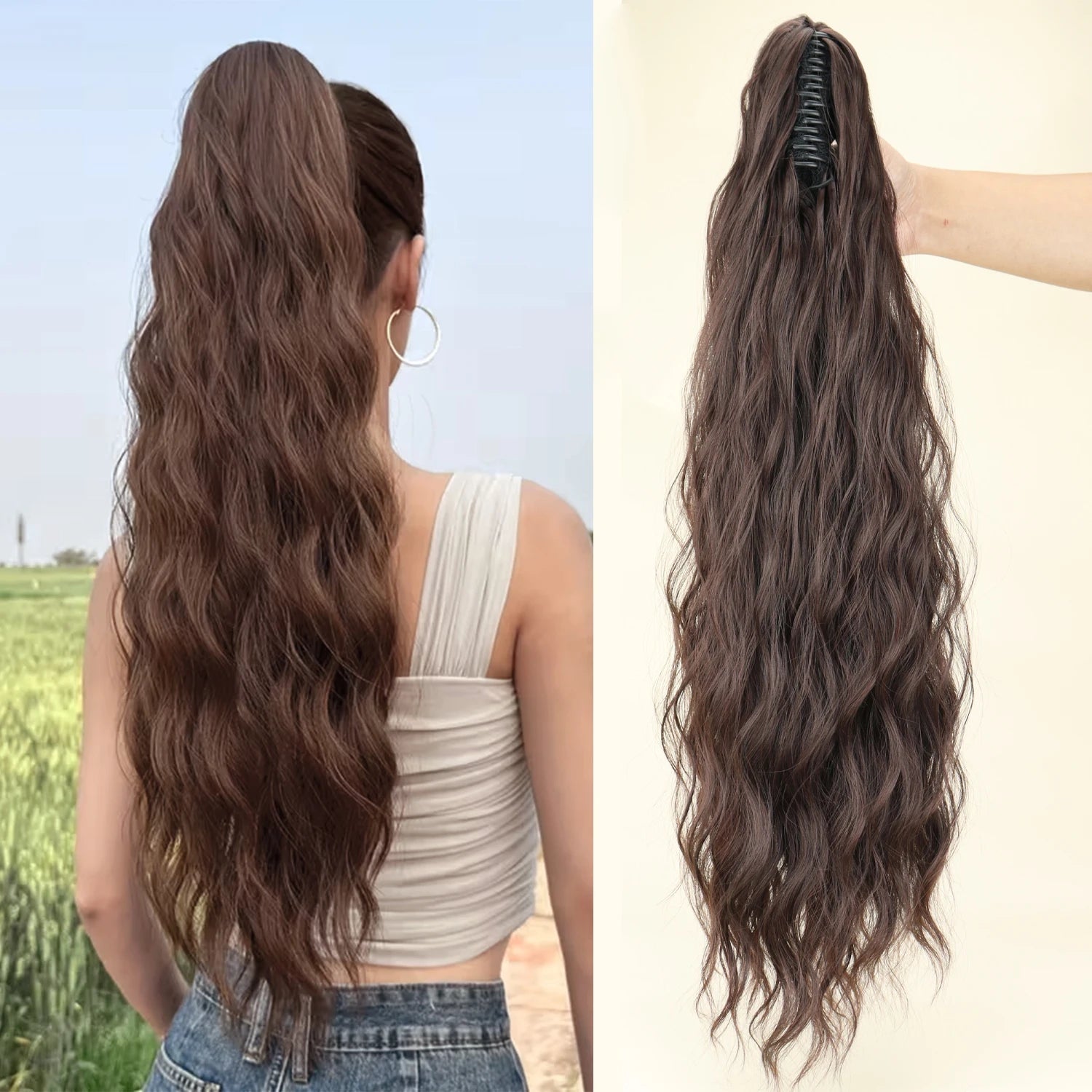 Long dark brown synthetic wavy ponytail extension with comb clip base, full length