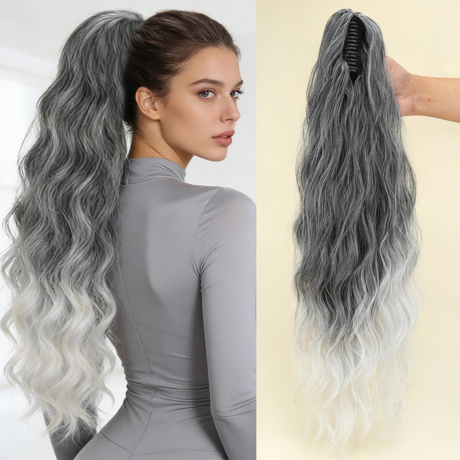 Long gray-blue synthetic wavy ponytail extension with comb clip base, cascading waves