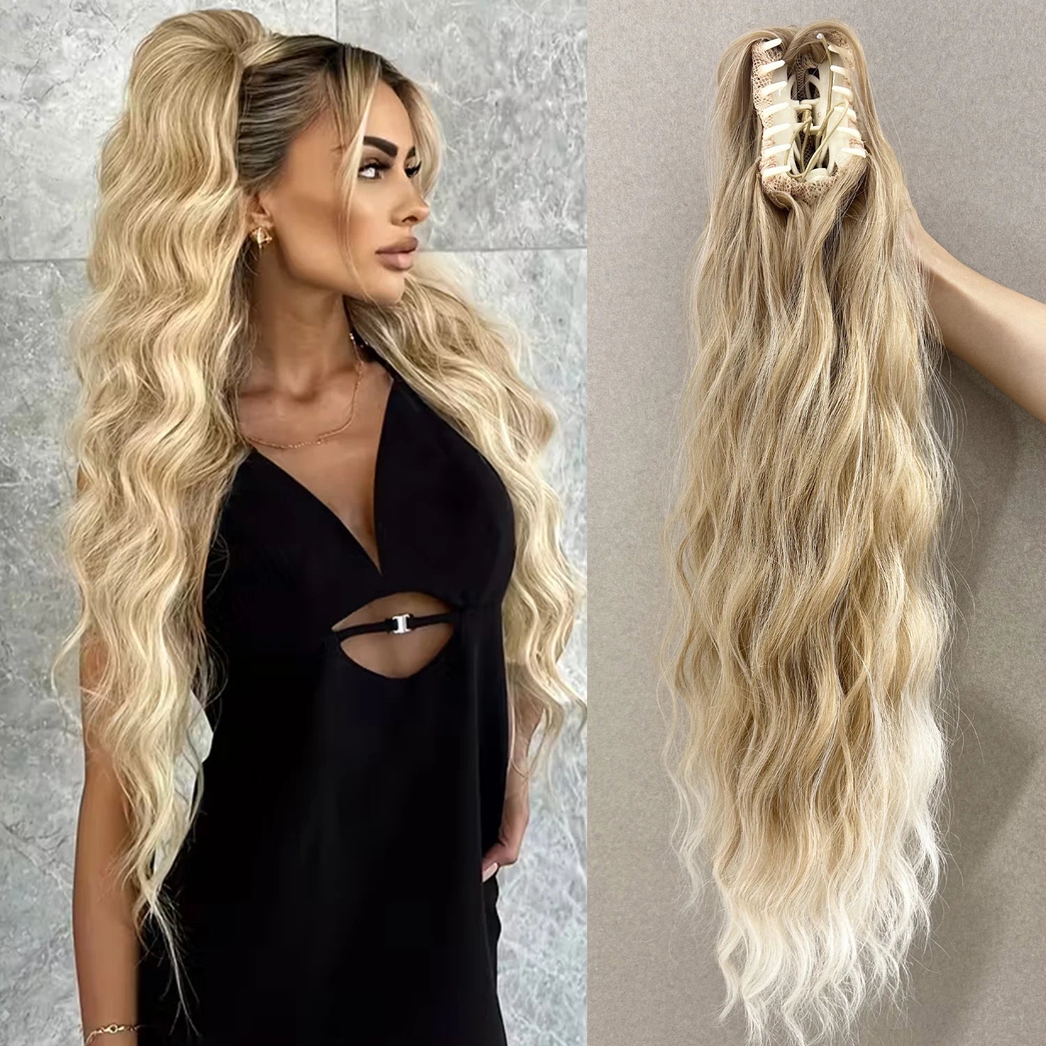 Long blonde synthetic water-wave ponytail extension with comb clip base, wavy length