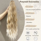 Long wavy ponytail extension sample with dark-blonde synthetic hair and comb at top