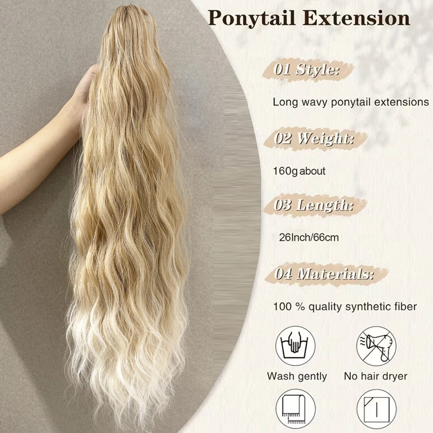 Long wavy ponytail extension sample with dark-blonde synthetic hair and comb at top