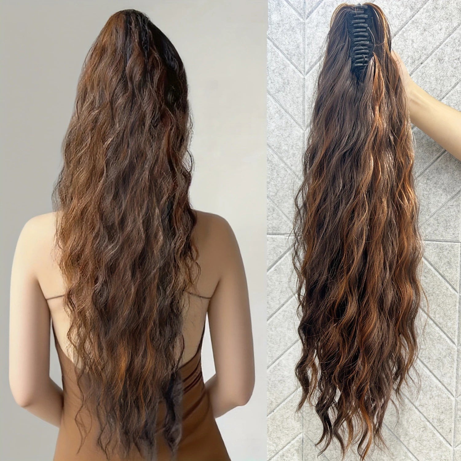 Long espresso-brown synthetic wavy ponytail extension with comb clip base, full coverage
