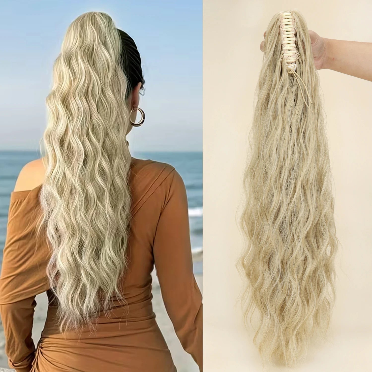 Long platinum blonde synthetic wavy ponytail extension with comb clip base, long waves