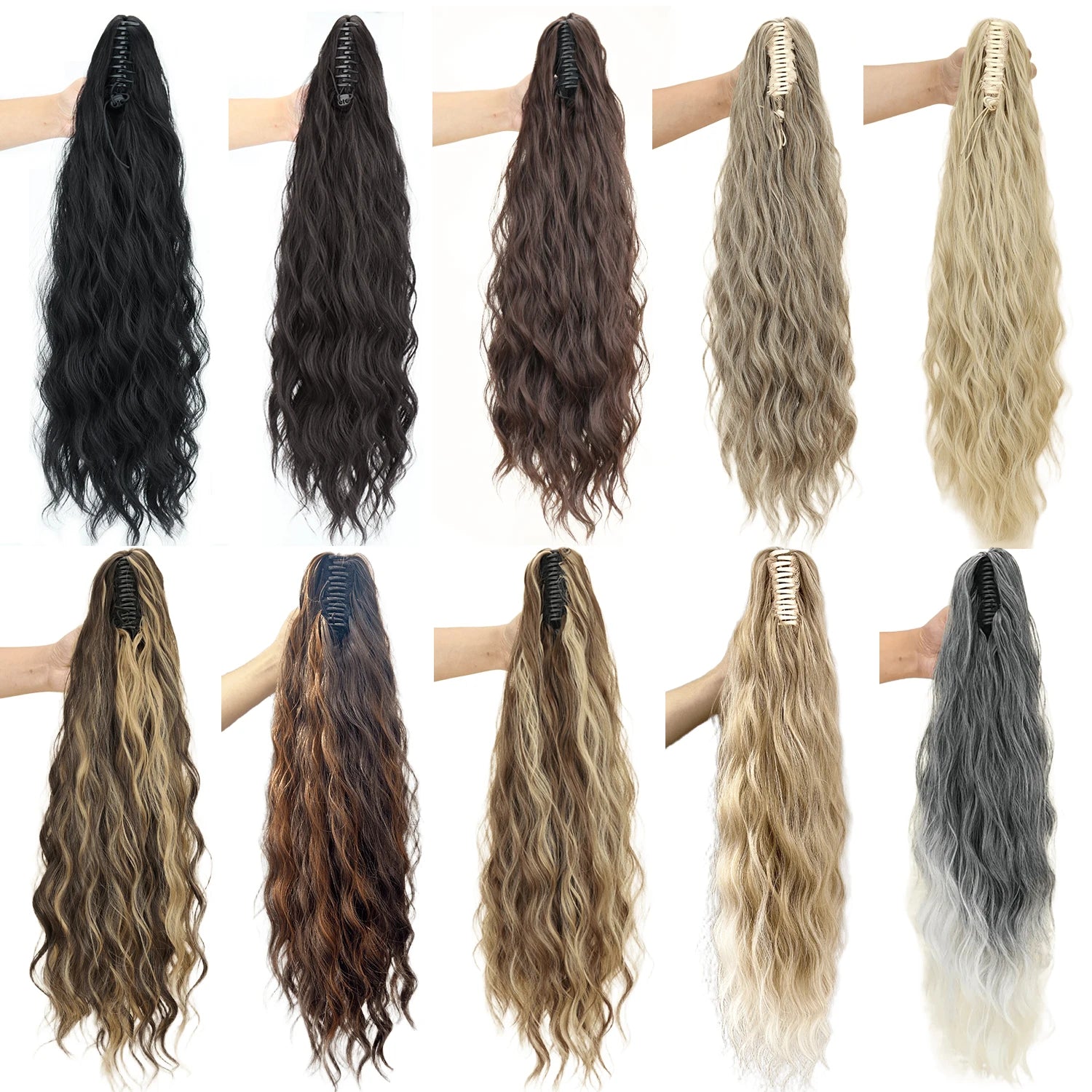 Set of synthetic water-wave ponytail extensions in multiple colors with clip bases