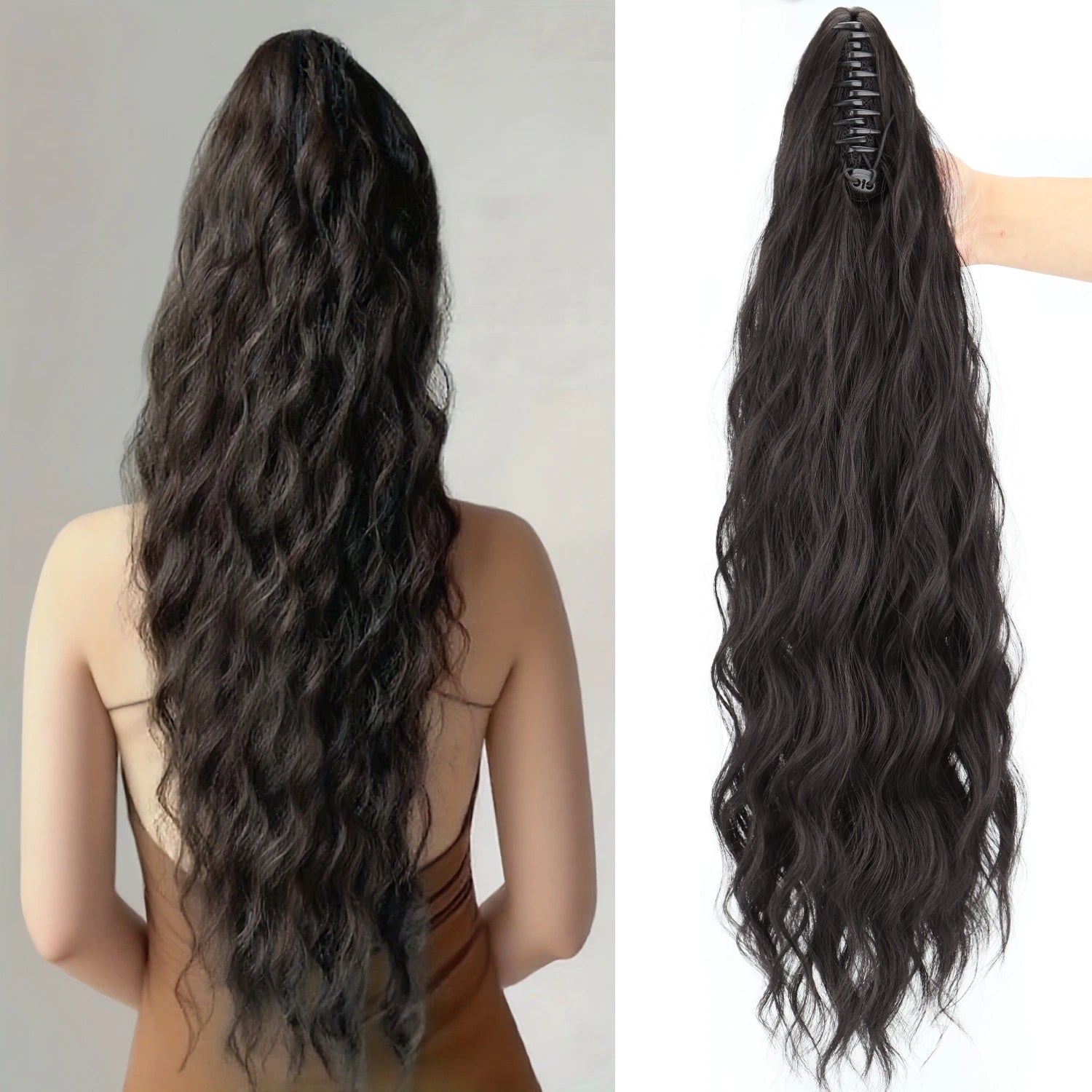 Long black synthetic wavy ponytail extension with comb clip base, side view