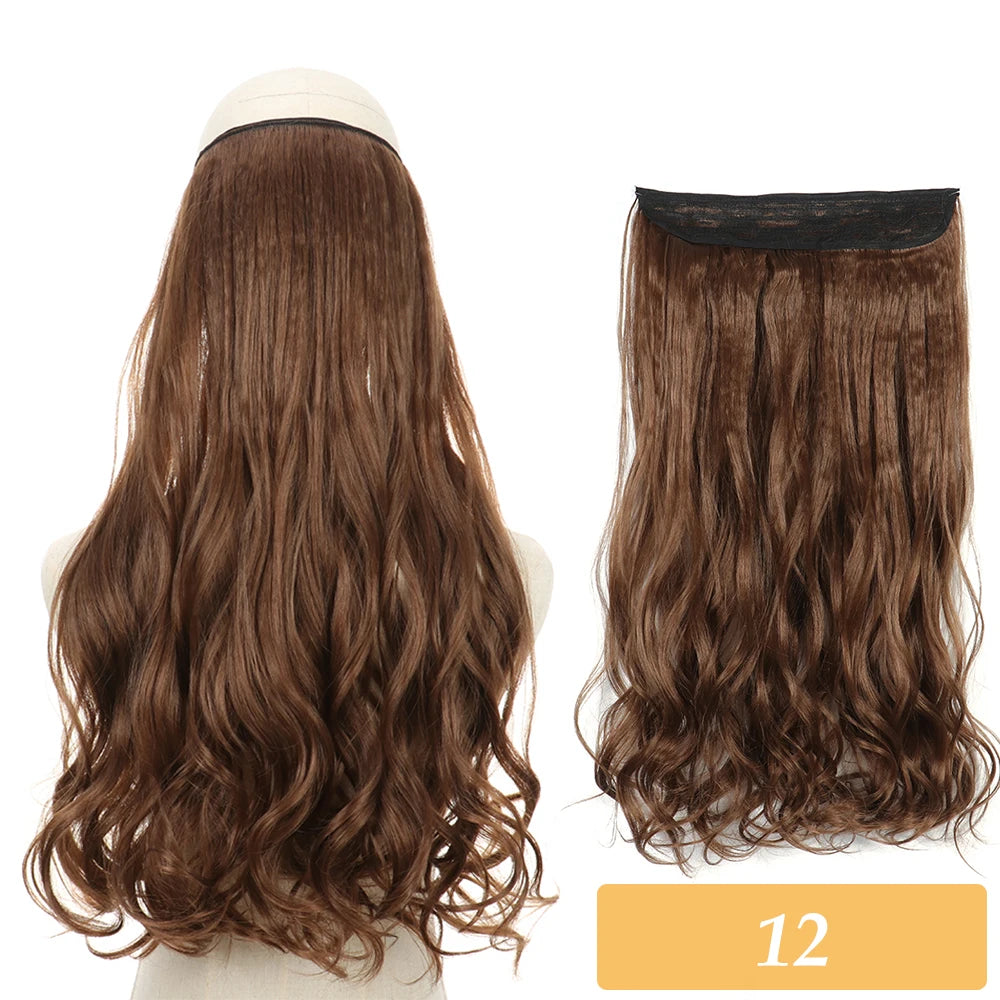 Synthetic no-clip hair extensions in dark brown, wavy curls with lace weft top