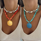 Turquoise and orange conch rope necklaces with starfish charms and shell pendants