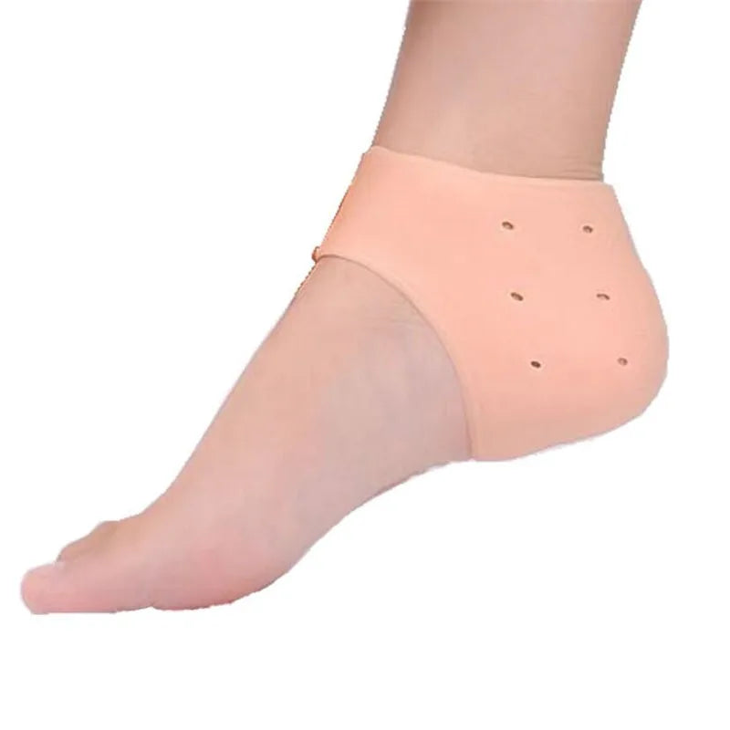 Skin-tone gel heel sock with cushioned heel pad and dotted massage nubs