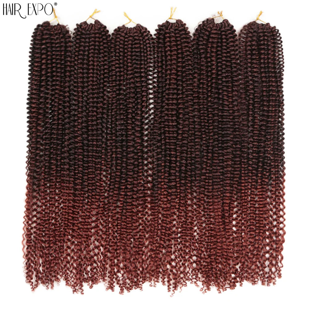 Crochet hair extensions bundle, long dark burgundy curly strands with ombre finish