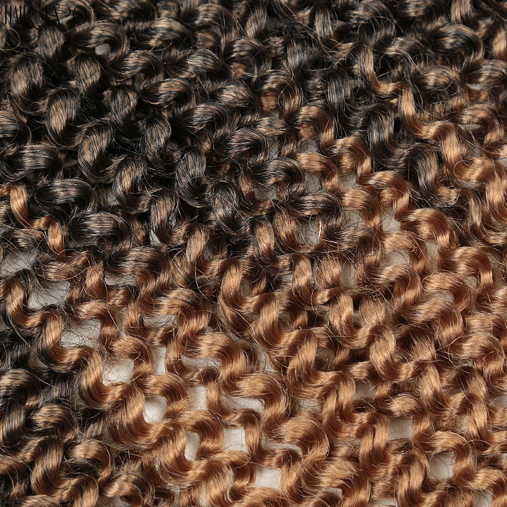 Crochet hair extensions with water-wave curls in dark black and brown ombre.