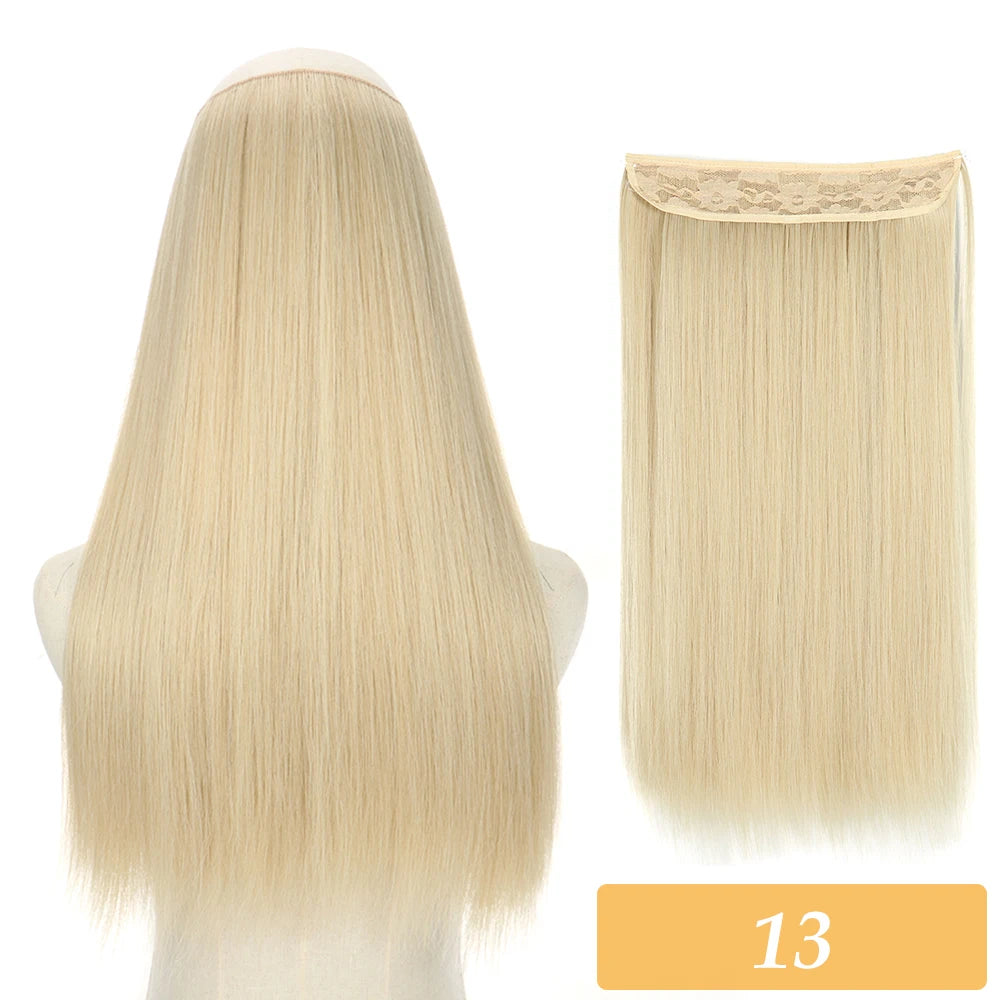 Synthetic no-clip hair extensions in light blonde, straight strands with lace weft top
