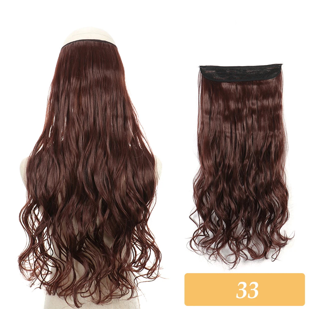 Synthetic no-clip hair extension in deep auburn, wavy curly hair piece