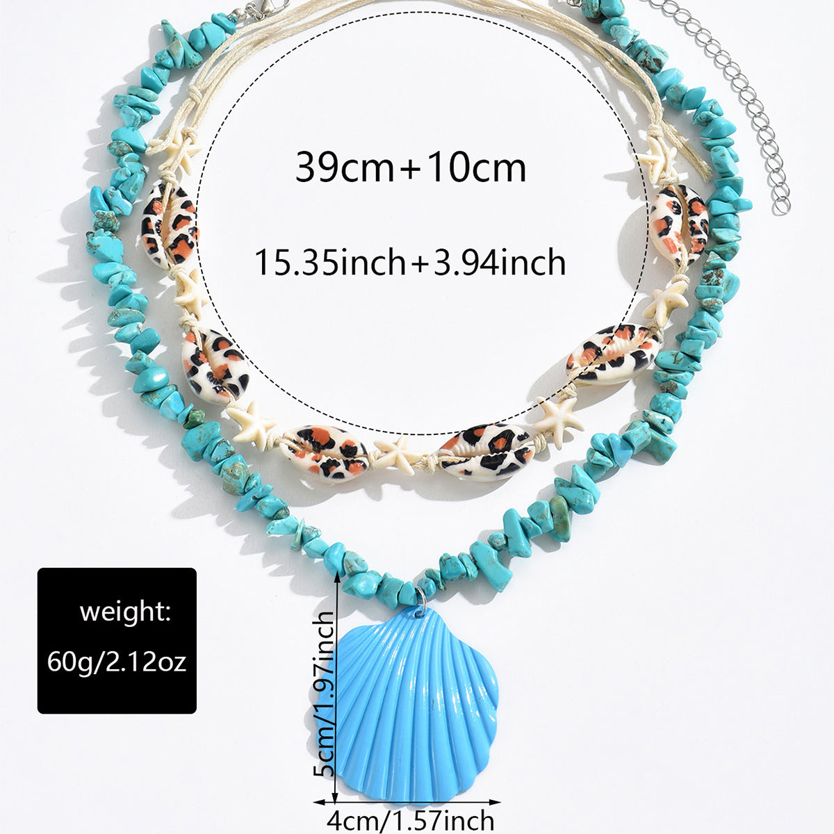 Turquoise conch rope necklace with starfish charms and blue scallop shell pendant