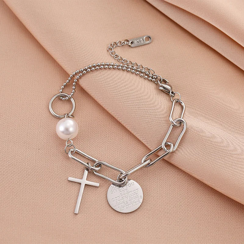 Asymmetrical Cross Pearl Chain Bracelet — 316L Stainless Steel