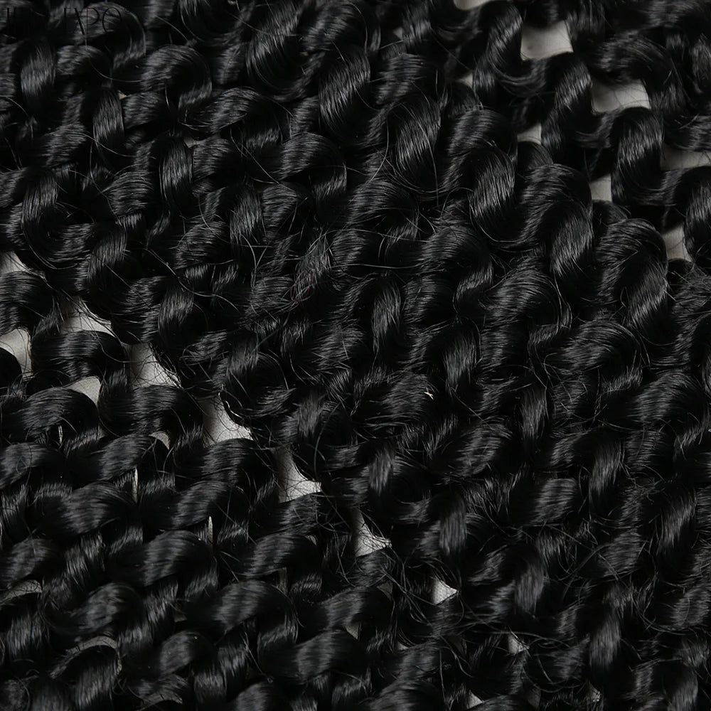 Crochet hair extensions with tight water-wave curls in dark black.