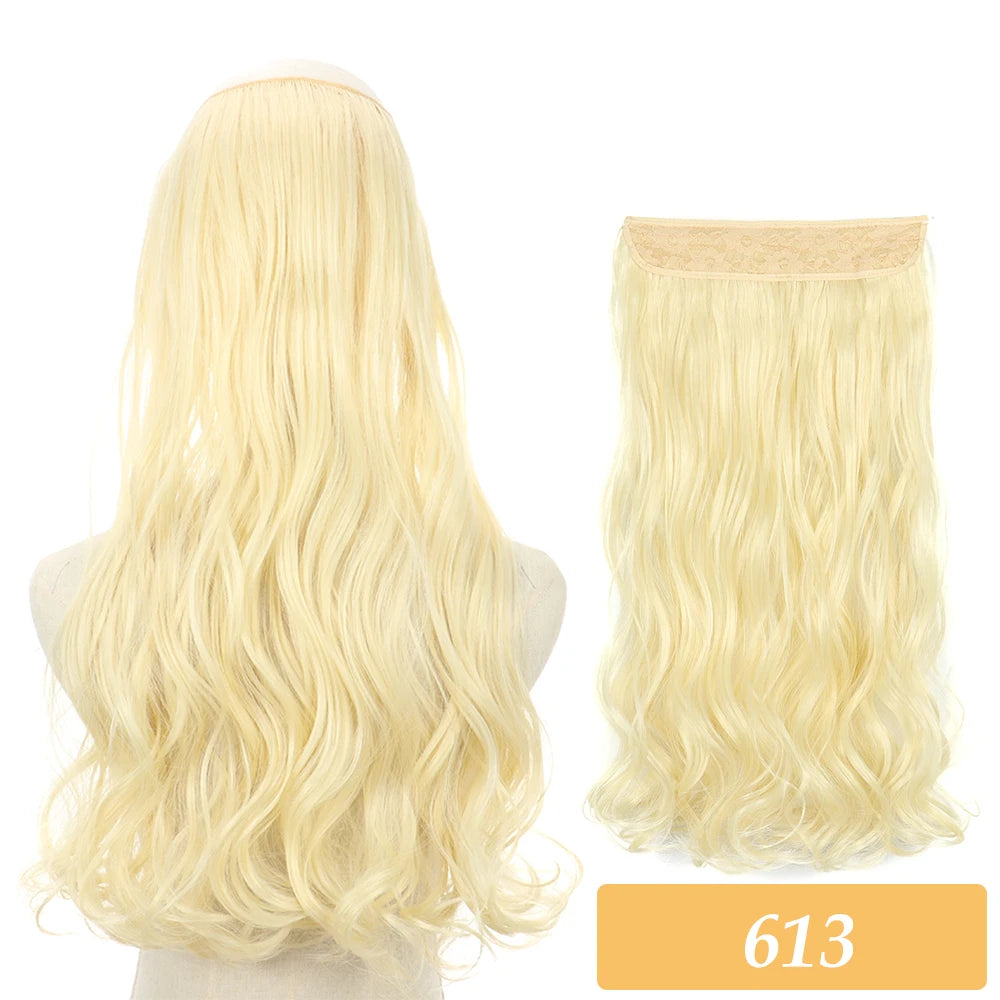 Synthetic hair extensions, pale blonde wavy hair with no-clip weft, tag 613
