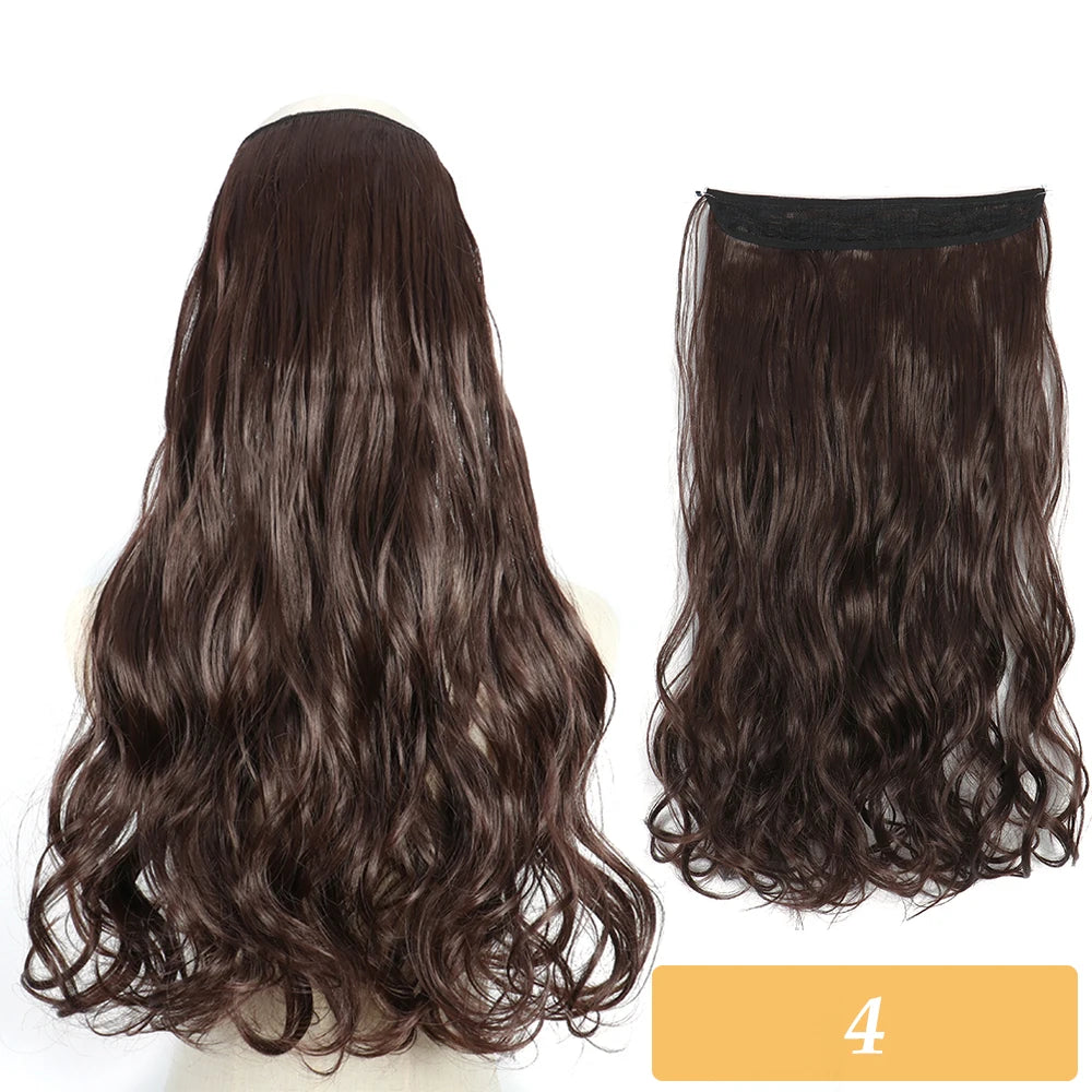 Synthetic hair extensions, dark brown wavy hair with no-clip weft, tag 4