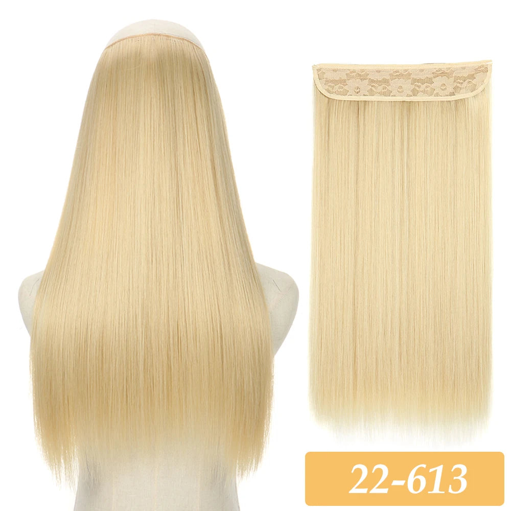 Synthetic no-clip hair extensions in light blonde, straight strands with lace weft top