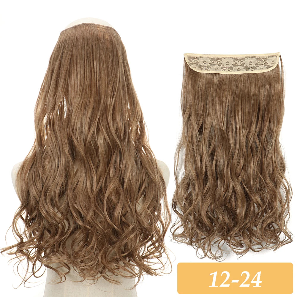 Synthetic no-clip hair extensions in medium brown, wavy curls with lace weft top