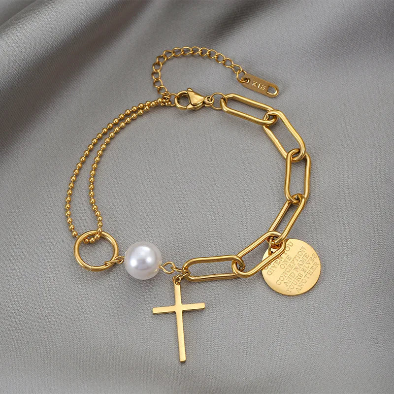 Asymmetrical Cross Pearl Chain Bracelet — 316L Stainless Steel