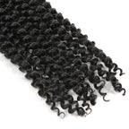 Crochet hair extensions with tight curls and curly ends in dark black.