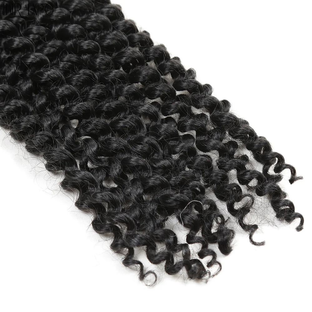 Crochet hair extensions with tight curls and curly ends in dark black.