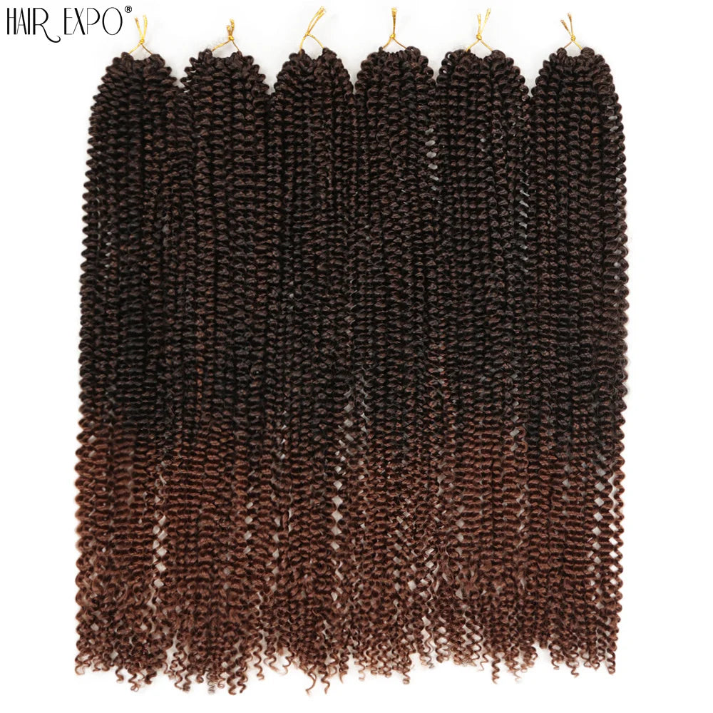 Crochet hair extension bundles with dark brown to copper ombre curls.