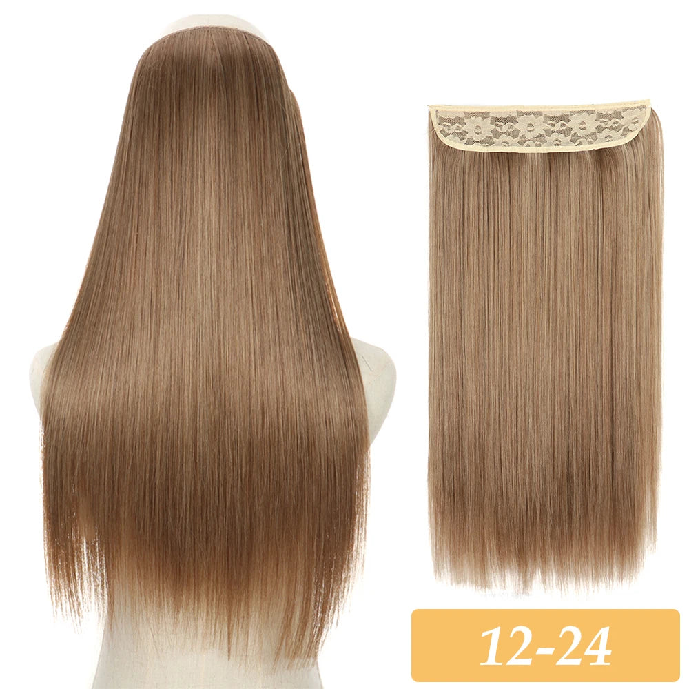 Synthetic no-clip colour mix hair extension, long straight medium brown bundle with subtle lighter ends