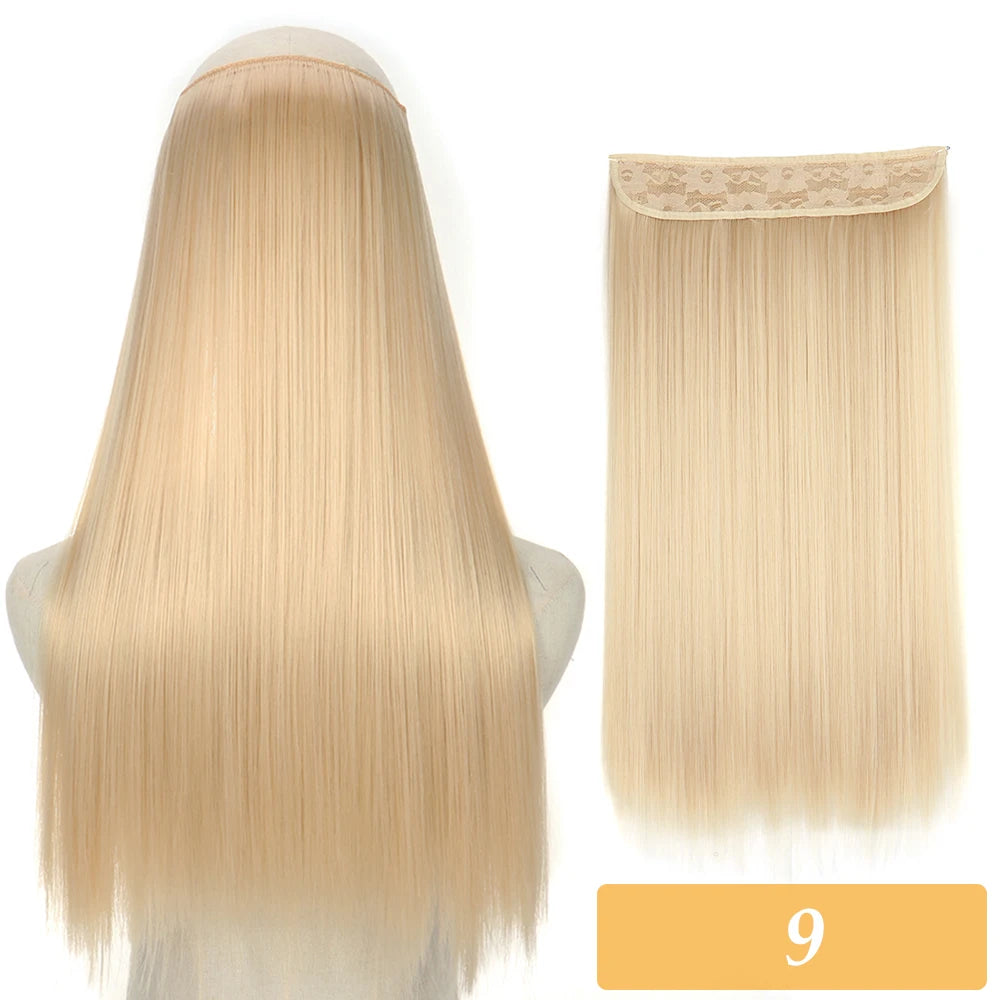 Synthetic no-clip hair extensions in pale blonde, straight strands with lace weft top