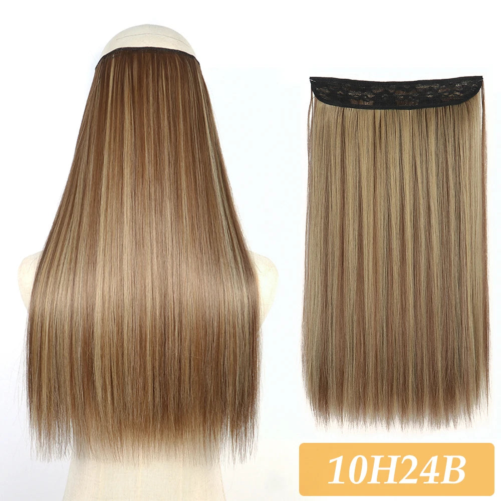 Synthetic no-clip hair extension in light blonde straight hair with weft