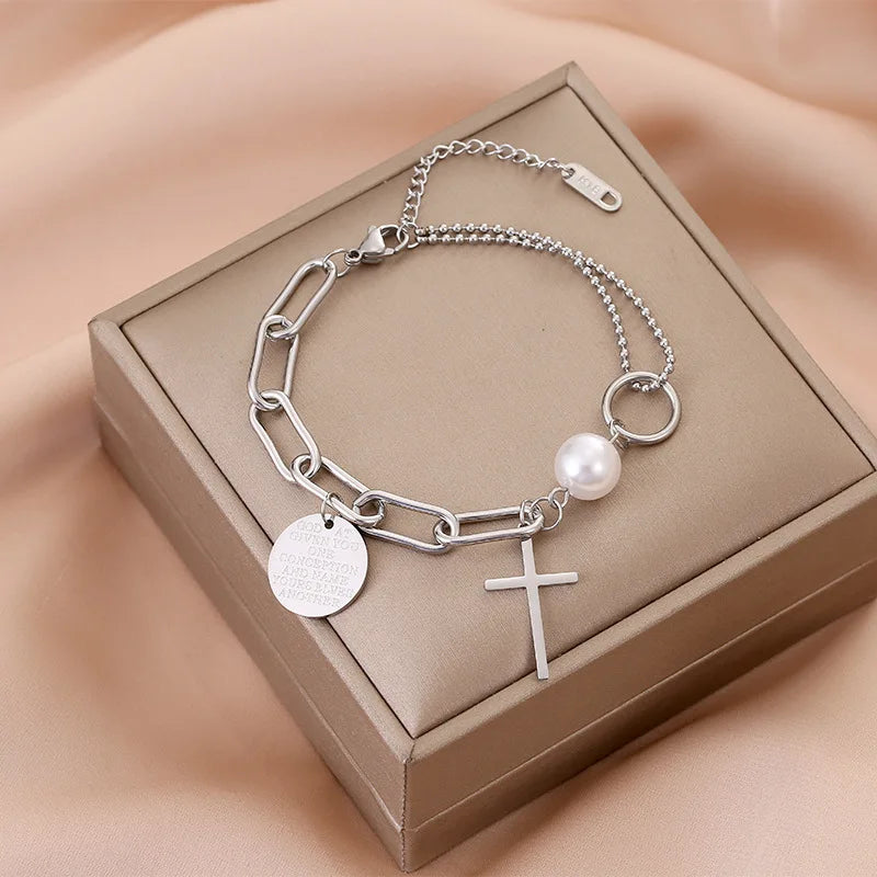 Asymmetrical Cross Pearl Chain Bracelet — 316L Stainless Steel