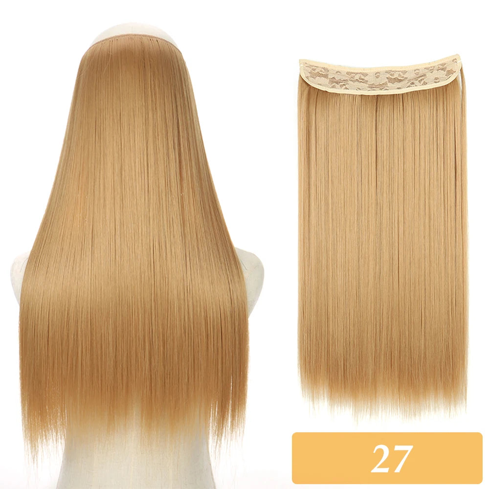 Synthetic no-clip hair extension in light golden blonde straight hair with weft