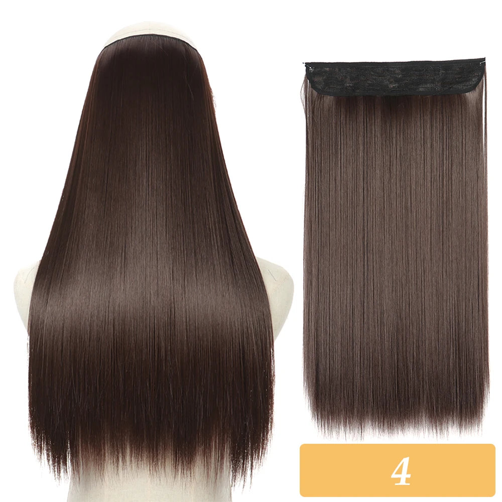 Synthetic hair extensions, dark brown straight hair with no-clip weft, tag 4